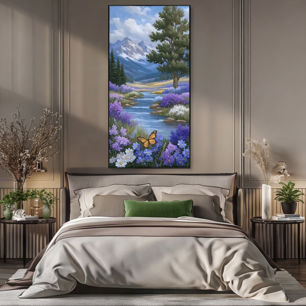 Tablou canvas cu tablou pictura peisaj montan cu rau si flori, in rama de aluminiu negru, pe perete intr-un dormitor